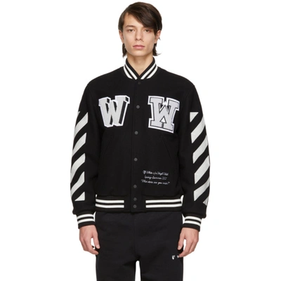 Shop Off-white Black Wool Logo Varsity Bomber Jacket In Black White