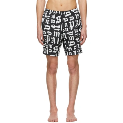 Shop Palm Angels Black And White Broken Monogram Swim Shorts In Black White