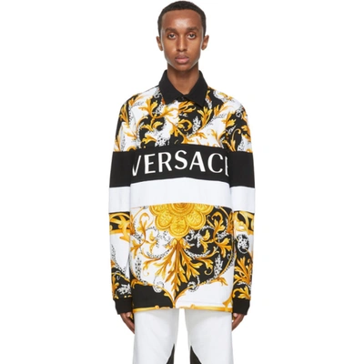 Shop Versace White And Gold Acanthus Long Sleeve Polo In A7027 White