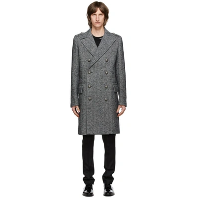 Shop Balmain Grey & Black Herringbone Double-breasted Coat In Eab Noirbla