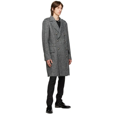 Shop Balmain Grey & Black Herringbone Double-breasted Coat In Eab Noirbla