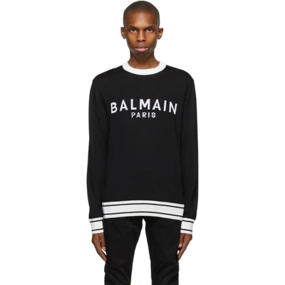Shop Balmain Black & White Wool Logo Sweater In Black/white