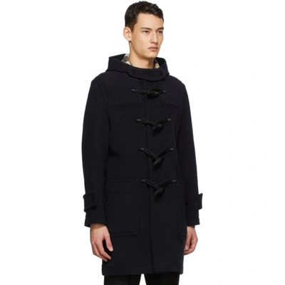Shop Burberry Navy Wool Check-lined Duffle Coat