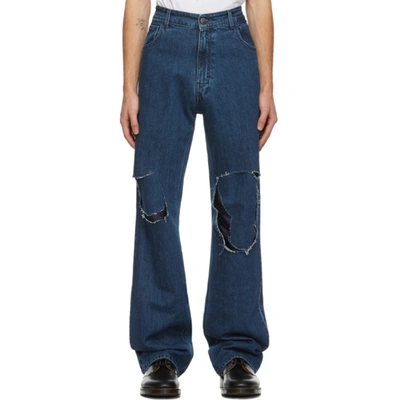 Shop Raf Simons Navy Uneven Knee Patch Jeans In 00043 Navy