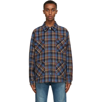 Checked Overshirt With Tiger Patch In Blue