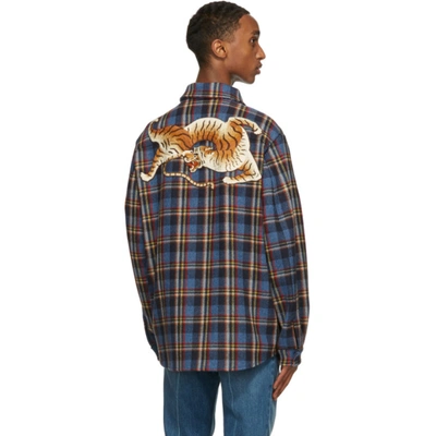 Shop Gucci Blue Check Tiger Patch Jacket In 4398 Azure/