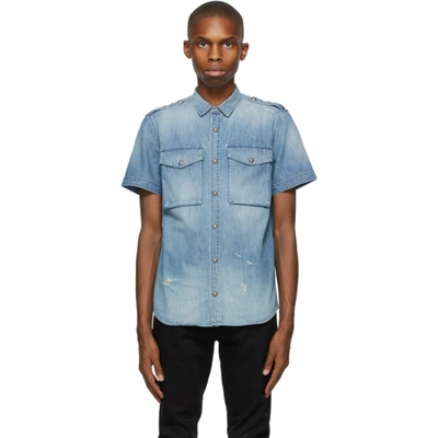 Shop Balmain Blue Distressed Denim Shirt In 6aa Bleu