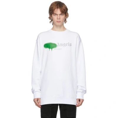 PALM ANGELS WHITE & GREEN MILANO LOGO SPRAYED SWEATSHIRT 
