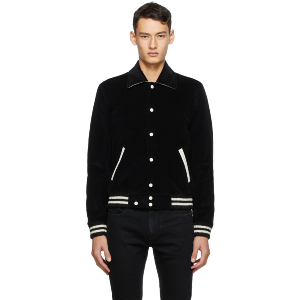 Saint Laurent Men S Teddy Corduroy Varsity Jacket In 1000 Black Modesens