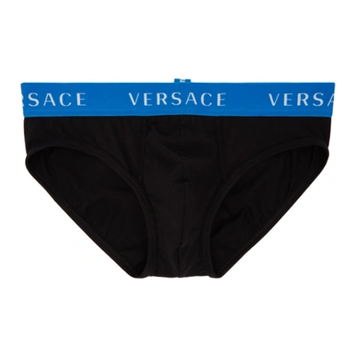 Shop Versace Underwear Black And Blue Logo Briefs In A1008 Black