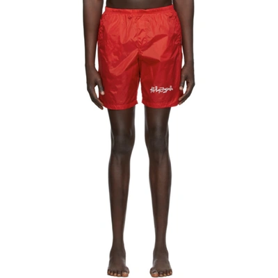 Shop Palm Angels Red Desert Logo Swim Shorts In Red/white