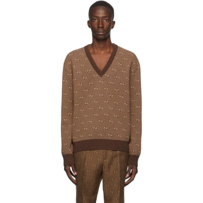 Shop Gucci Brown Wool Jacquard Gg Stripe V-neck Sweater In 2381 Brown
