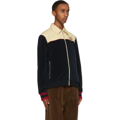 Shop Gucci Navy Velour Zip-up Jacket In 4447 Blue/m
