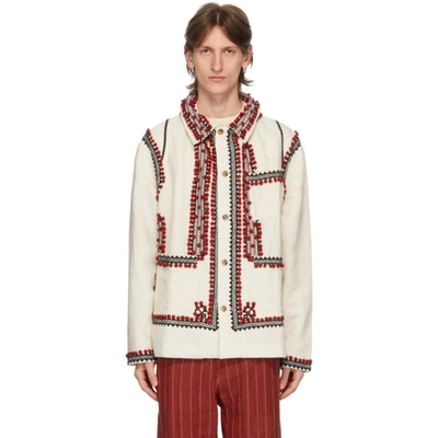 Shop Bode White Pom-pom Appliqué Workwear Jacket In Wht/red/blk