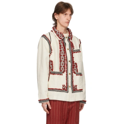 Shop Bode White Pom-pom Appliqué Workwear Jacket In Wht/red/blk