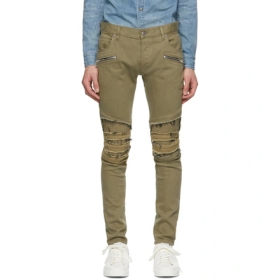 Shop Balmain Khaki Ribbed Patches Slim Jeans In 7ua Kaki