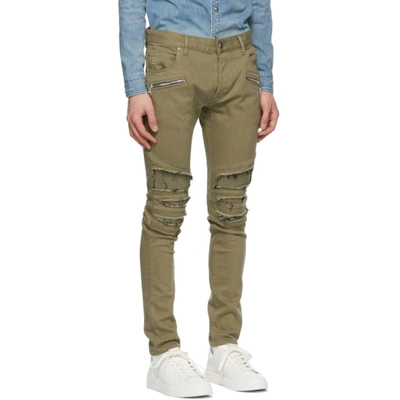Shop Balmain Khaki Ribbed Patches Slim Jeans In 7ua Kaki