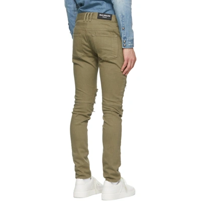 Shop Balmain Khaki Ribbed Patches Slim Jeans In 7ua Kaki