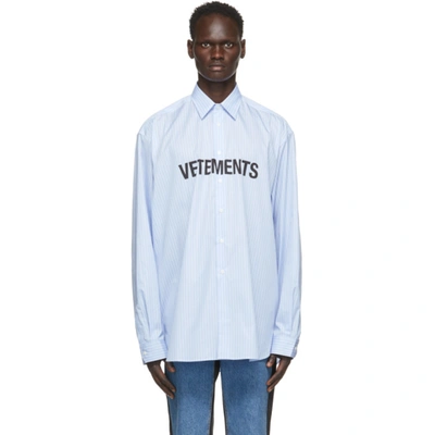 Shop Vetements Blue Front Logo Shirt In Light Blue / Stripes