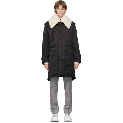 Shop Alexander Mcqueen Black Shearling Trim Parka In 0901 Bkivor