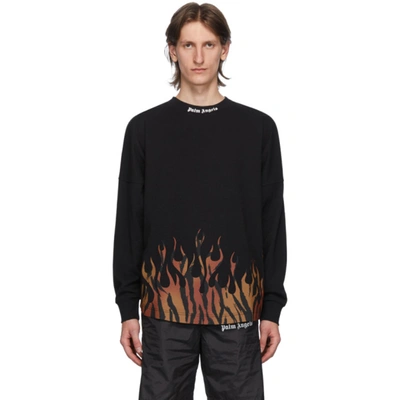 Shop Palm Angels Black Tiger Flames Long Sleeve T-shirt