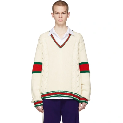 Shop Gucci Off-white Cable Knit V-neck Sweater In 9133milkmul