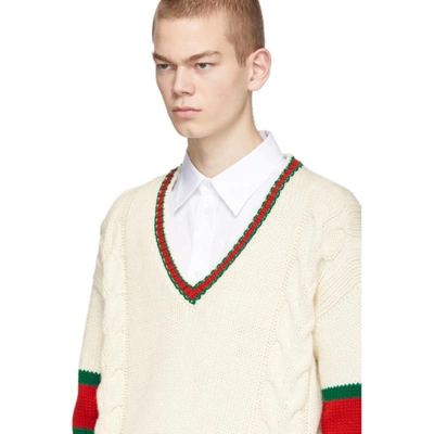 Shop Gucci Off-white Cable Knit V-neck Sweater In 9133milkmul