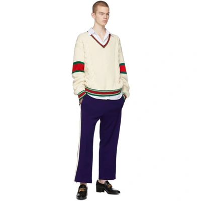 Shop Gucci Off-white Cable Knit V-neck Sweater In 9133milkmul