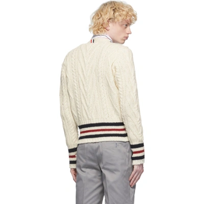 Shop Thom Browne White Aran Cable Stripe Cardigan In 100 White