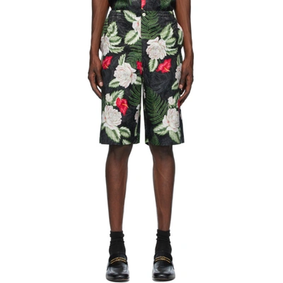 Shop Gucci Black & Green Hawaiian Print Shorts In 1030 Blkgrn