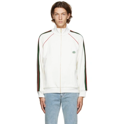 Shop Gucci Off-white Web Zip-up Sweatshirt In 9146 Ivgrnr
