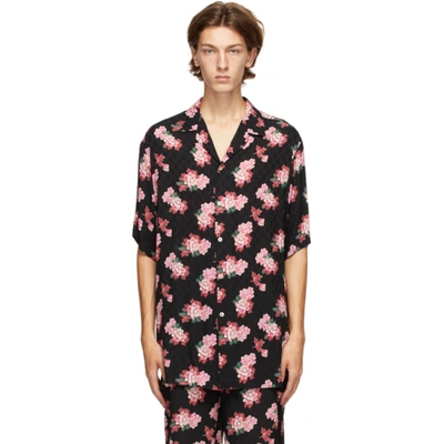 Shop Gucci Black Silk Peony Print Bowling Shirt In 1187 Blkpin