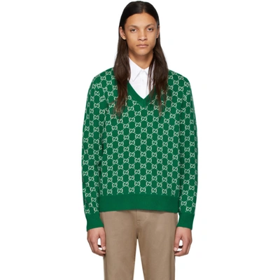 Shop Gucci Green & Off-white Wool Gg V-neck Sweater In 3012 Grnmil