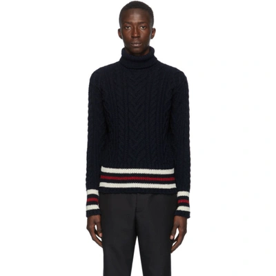 Shop Thom Browne Navy Mohair Aran Cable Turtleneck In 415 Navy