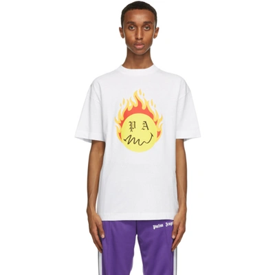 Shop Palm Angels White Smiley Edition Burning Head Logo T-shirt In White/yello