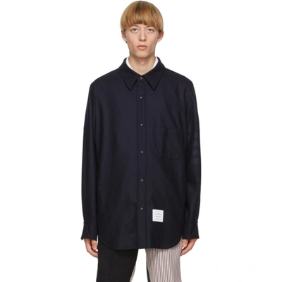 Shop Thom Browne Navy Flannel 4-bar Snap Front Shirt Jacket In 415 Navy