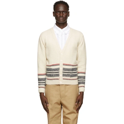 Shop Thom Browne Off-white Mohair Cricket Stripe Cardigan In 100 White