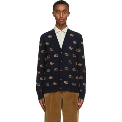 Shop Gucci Navy Wool Jacquard Double G Cardigan In 4804 Blue/m