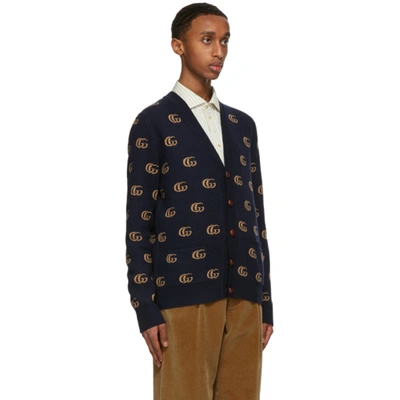 Shop Gucci Navy Wool Jacquard Double G Cardigan In 4804 Blue/m