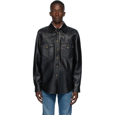 Shop Gucci Black Leather Logo Shirt Jacket In 1000 Black