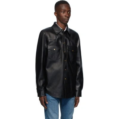 Shop Gucci Black Leather Logo Shirt Jacket In 1000 Black