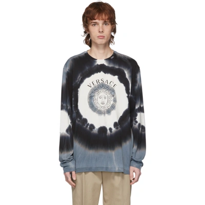 Shop Versace Black And White Tie-dye Logo Long Sleeve T-shirt In A7025 Blkwh