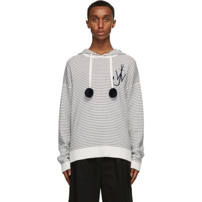 Shop Jw Anderson Off-white Wool Striped Pom-pom Hoodie In Offwht002