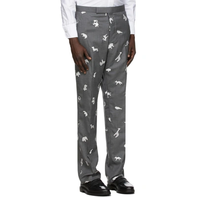 Shop Thom Browne Grey Wool Animal Embroidered Trousers In 035 Medgrey