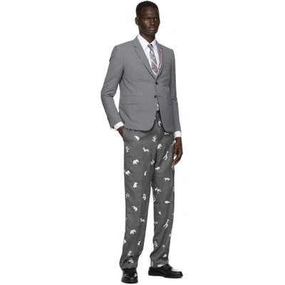 Shop Thom Browne Grey Wool Animal Embroidered Trousers In 035 Medgrey