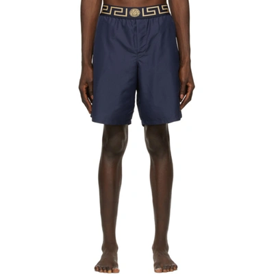 Shop Versace Navy Greca Border Long Swim Shorts In A70w Blue