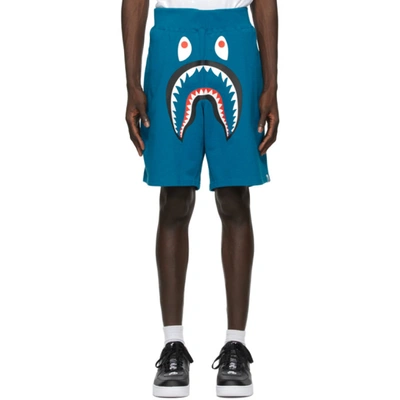 Shop Bape Blue Wide Shark Sweat Shorts
