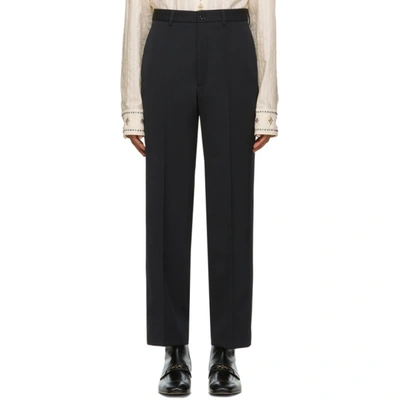 Shop Gucci Black Wool Gabardine Logo Trousers In 4330 Ink/mi