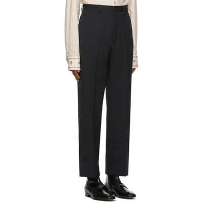 Shop Gucci Black Wool Gabardine Logo Trousers In 4330 Ink/mi