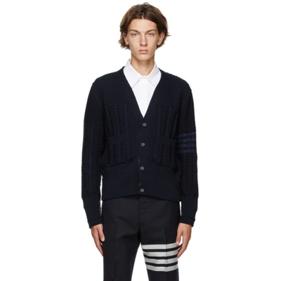 Shop Thom Browne Navy Wool Aran Cable 4-bar Cardigan In 415 Navy